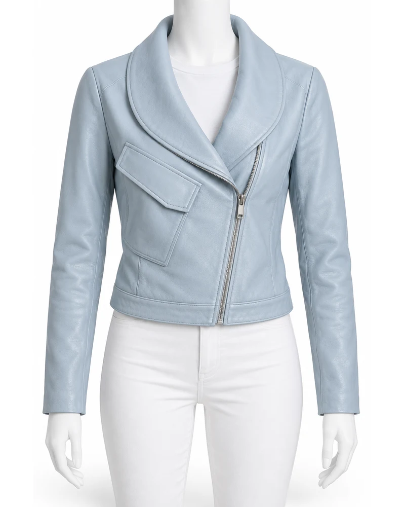 Ice Blue Women's Shawl Collar Moto Leather Jacket
