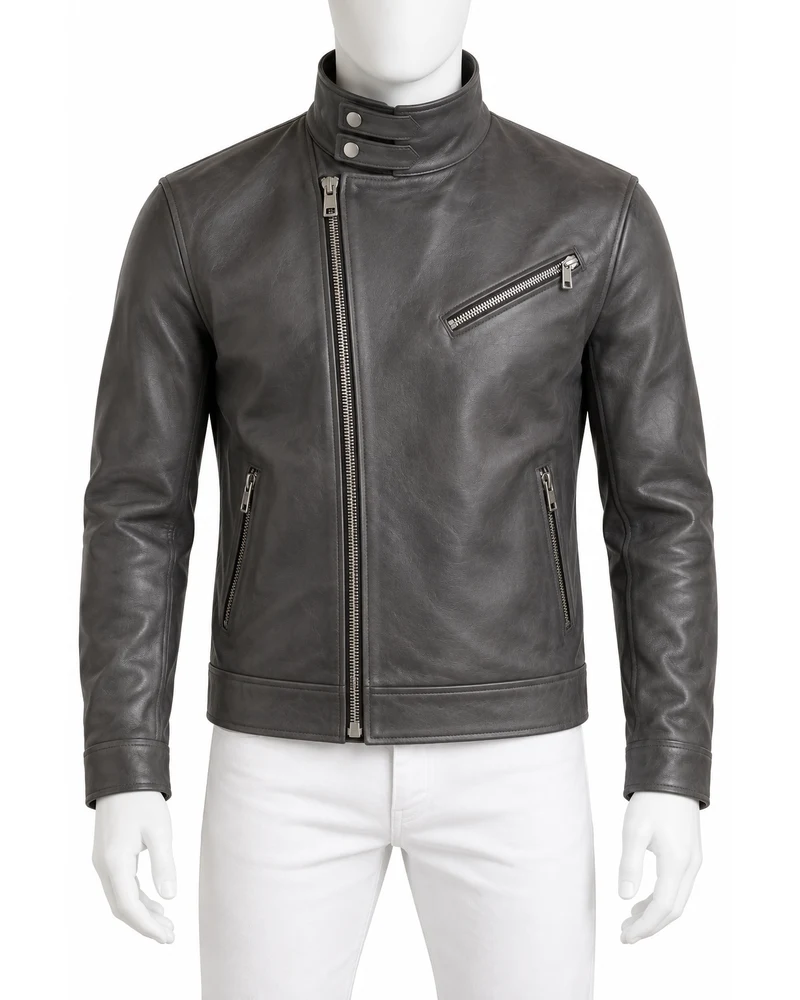 Graphite Men's High Funnel Moto Leather Jacket