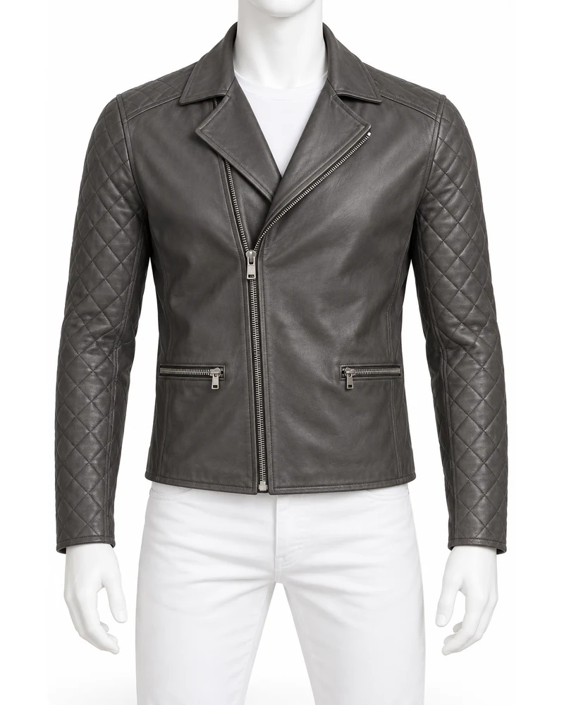 Gunmetal Men's Stitched Sleeve Moto Leather Jacket