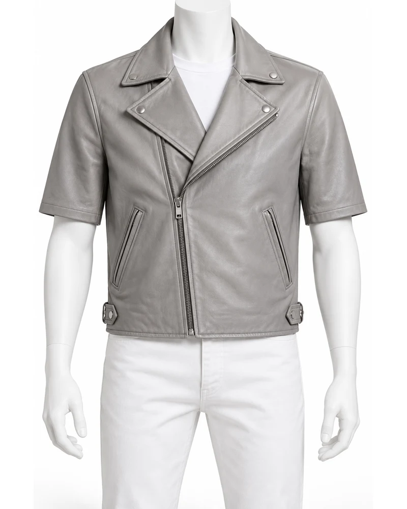 Pearl Grey Men's Short Sleeve Moto Leather Jacket