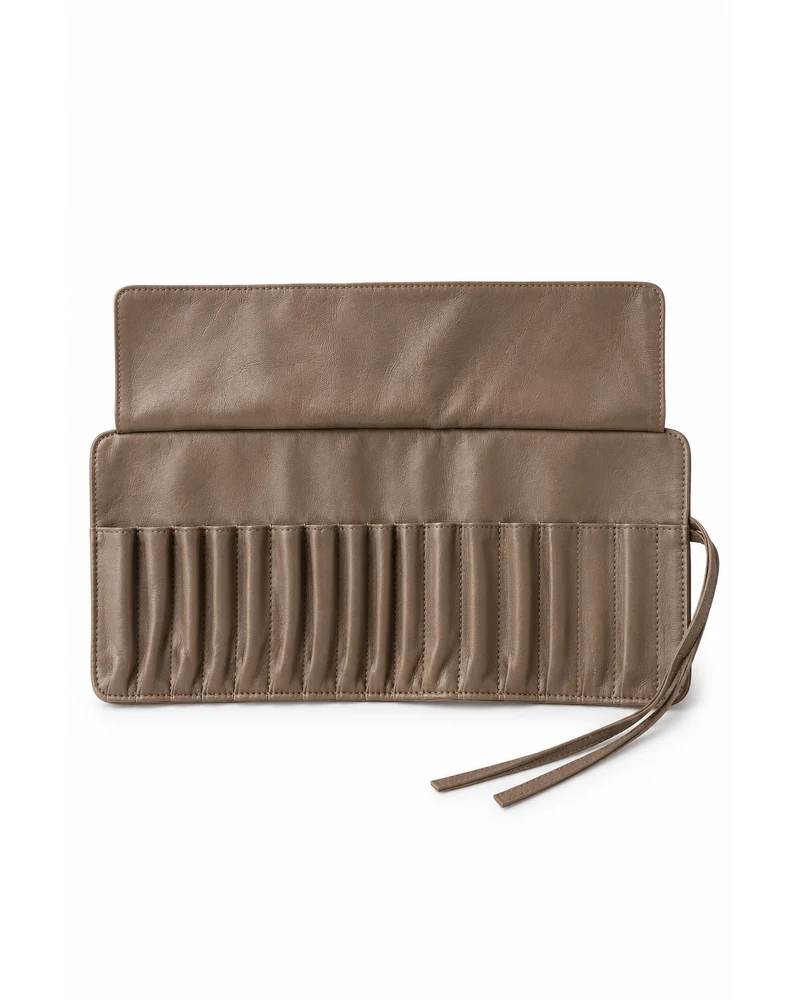 Taupe Cosmetic Brush Roll Leather Accessory