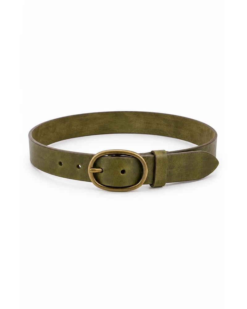 Olive Oval Buckle Leather Belt