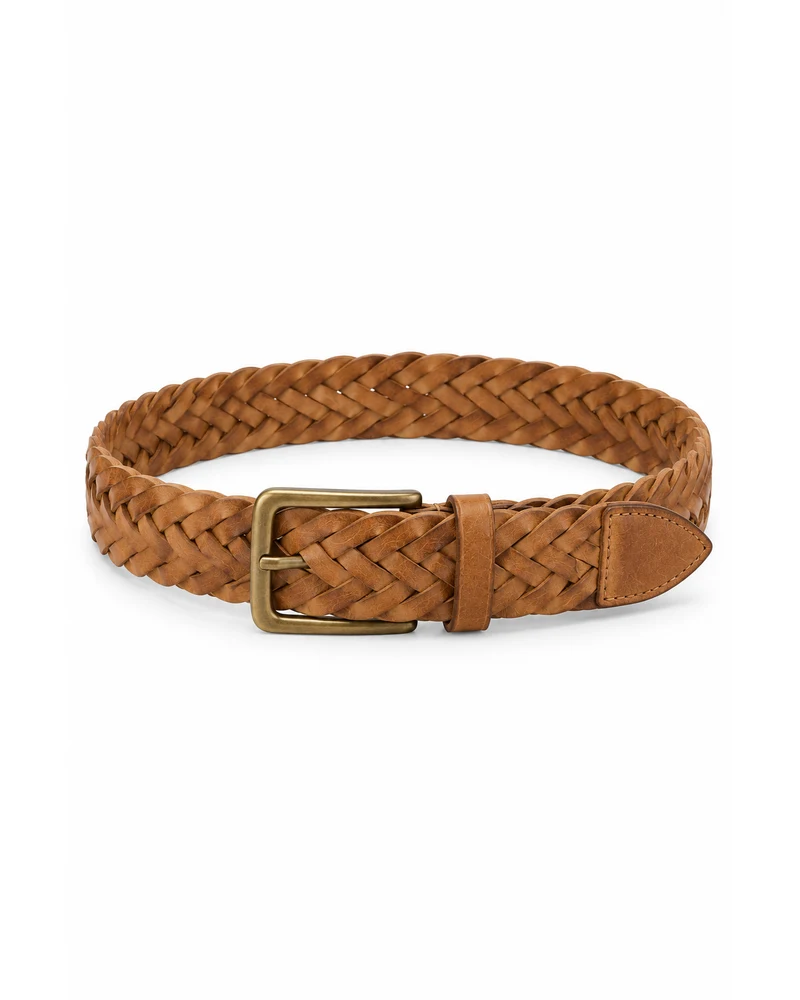 Camel Woven Herringbone Leather Belt