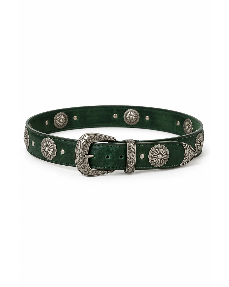 Bottle Green Concho-Stud Western Leather Belt