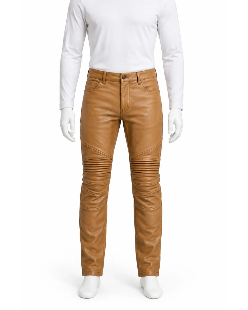 Camel Men Ribbed-Knee Moto Leather Trousers