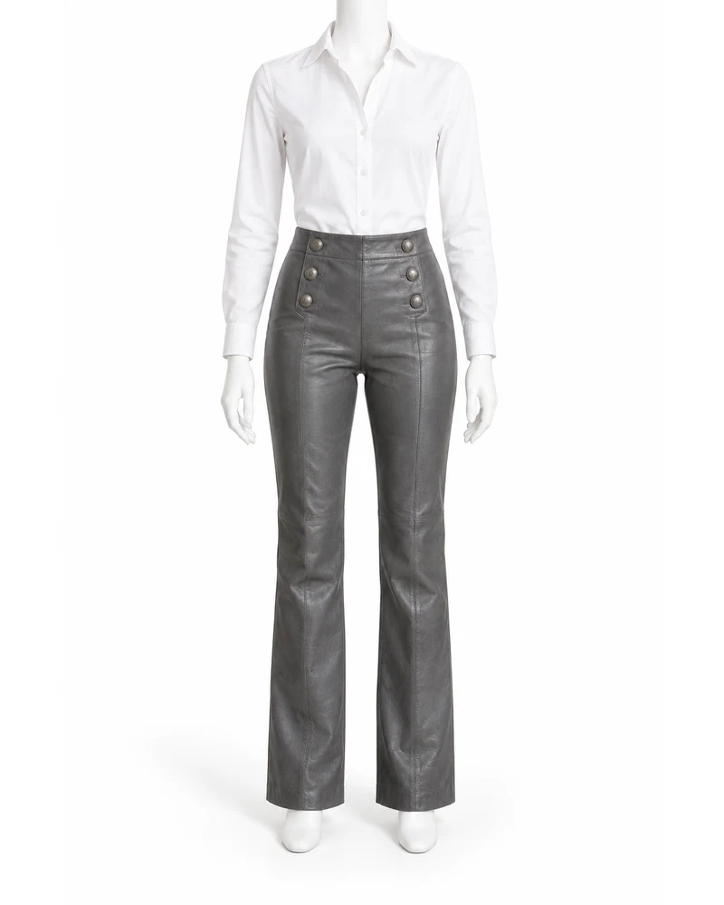 Slate Grey Women Button-Sailor Leather Trousers