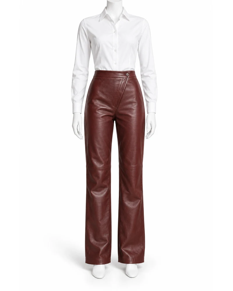 Mahogany Women Asymmetric Fly Leather Trousers