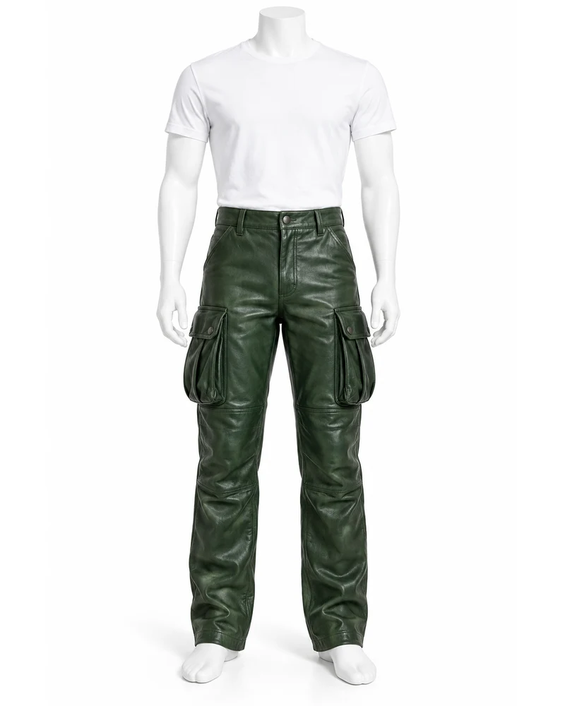 Bottle Green Men Combat Bellows-Pocket Leather Trousers