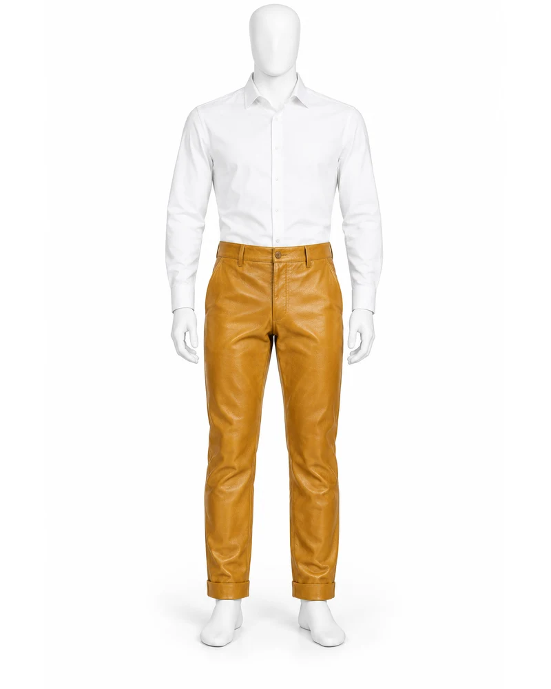 Mustard Men Cuffed Chino Leather Trousers