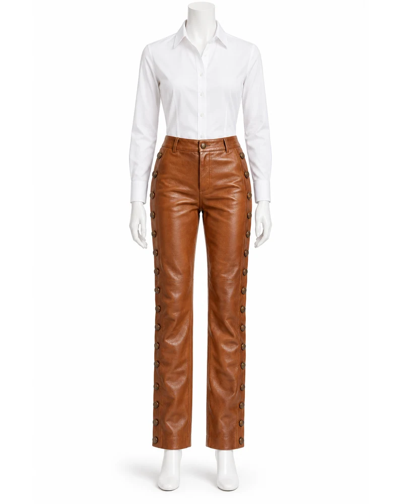 Saddle Brown Women Button-Through Side Leather Trousers