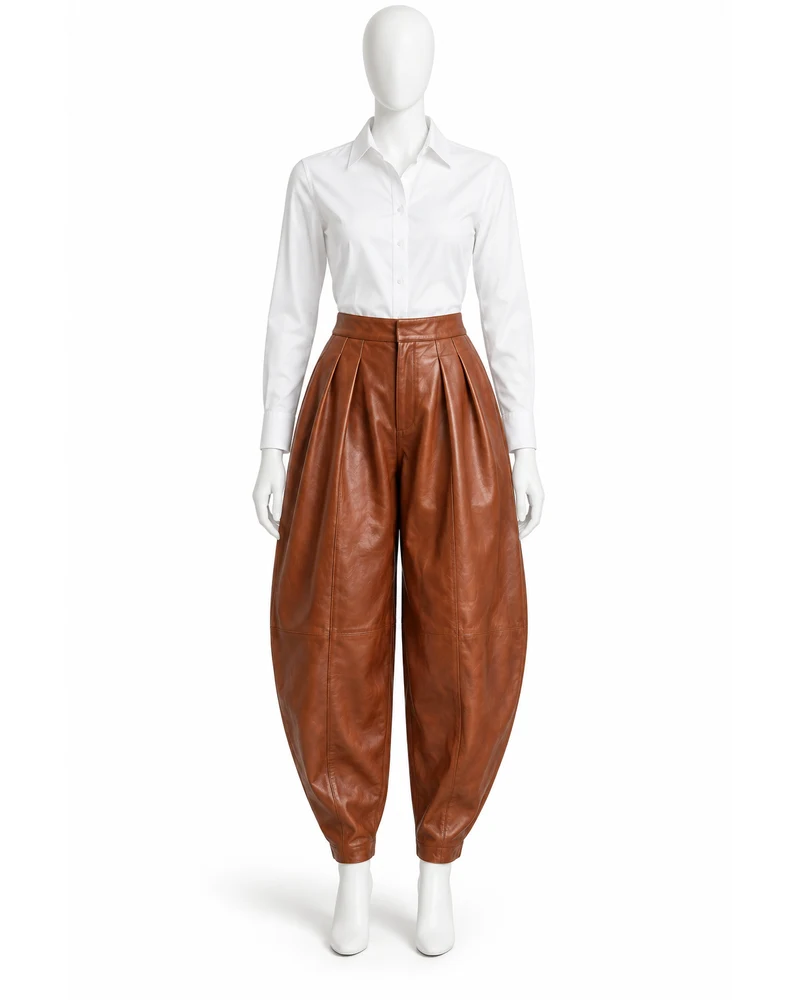 Copper Women Pleated Balloon Leather Trousers