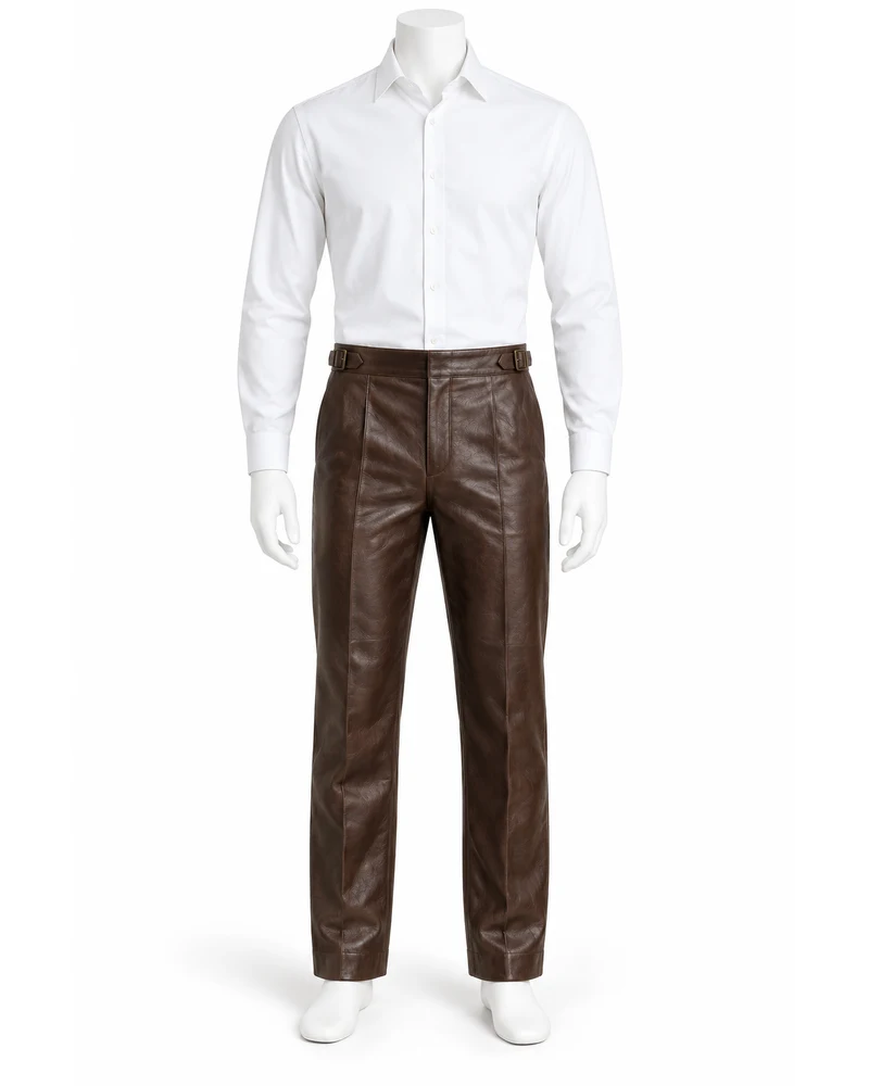 Espresso Men Adjustable-Side Tailored Leather Trousers