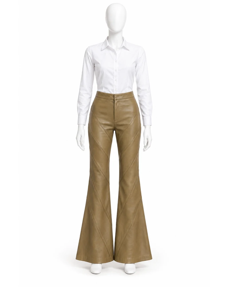 Khaki Women Bias-Panel Flare Leather Trousers