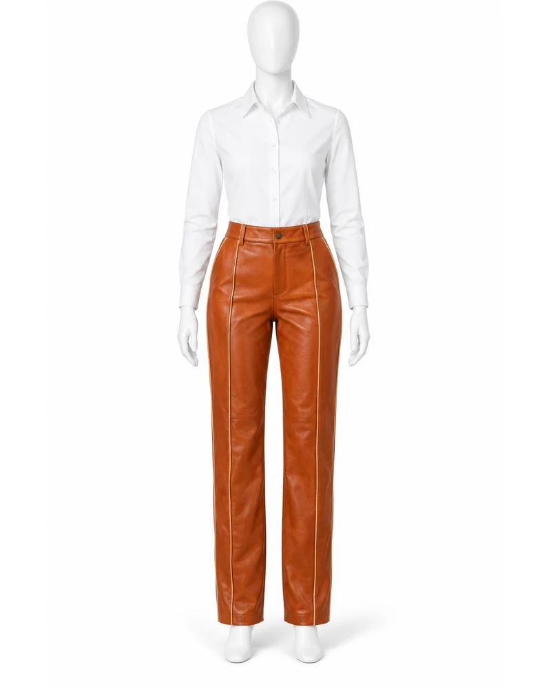 Burnt Orange Women Contrast-Piped Straight-Leg Leather Trousers