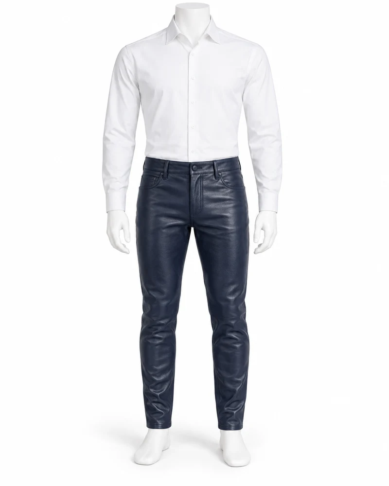 Navy Men Slim Tapered Leather Trousers