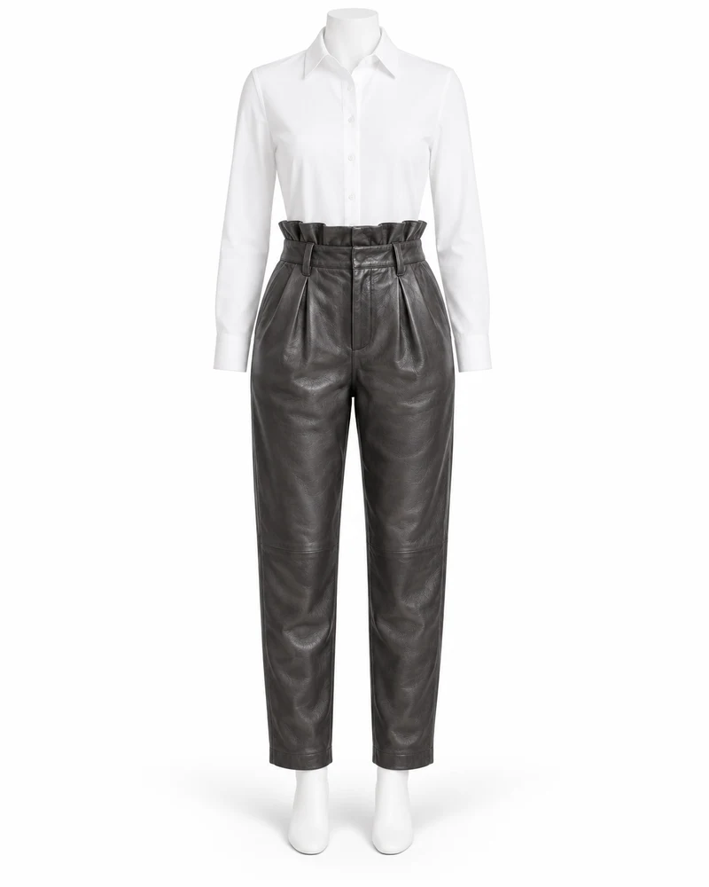 Charcoal Women Paperbag-Waist Leather Trousers
