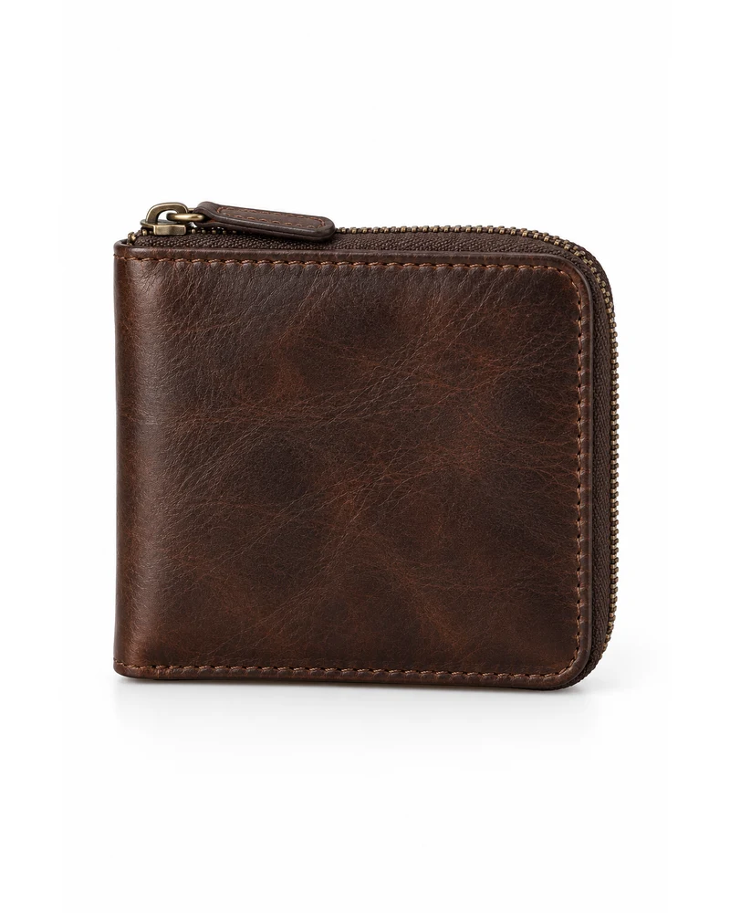 Dark Brown Zipped Coin-and-Card Men Leather Wallet