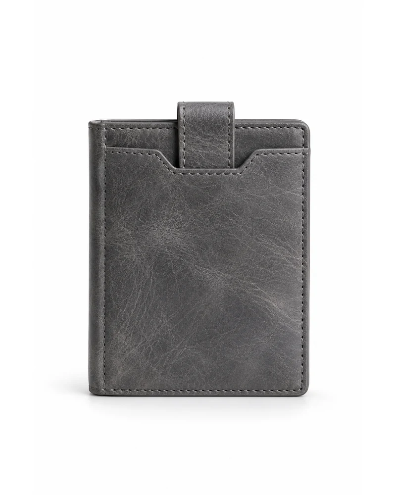 Slate Grey Pull-Tab Card Men Leather Wallet