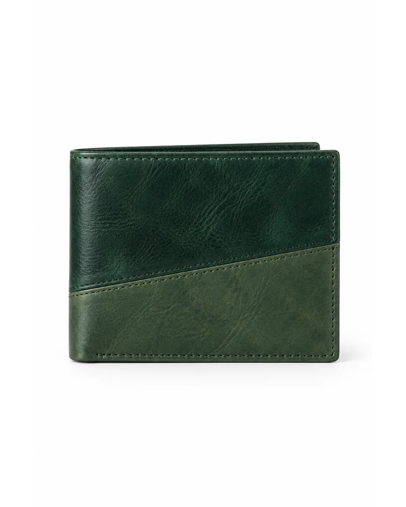 Bottle Green Two-Tone Panel Bifold Men Leather Wallet