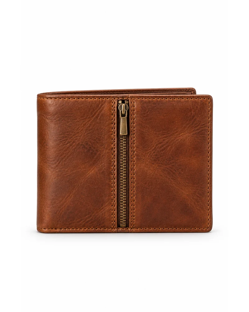 Saddle Brown Centre-Zip Bifold Men Leather Wallet