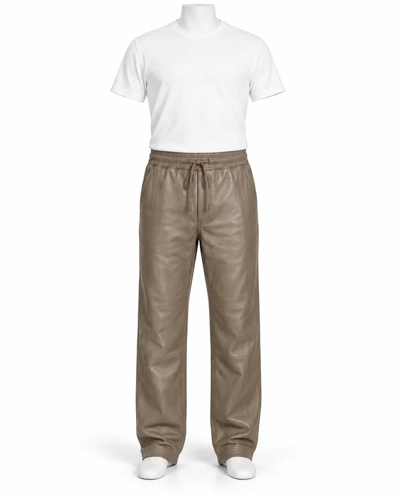 Taupe leather trousers with an elastic drawstring waist on a white display mannequin