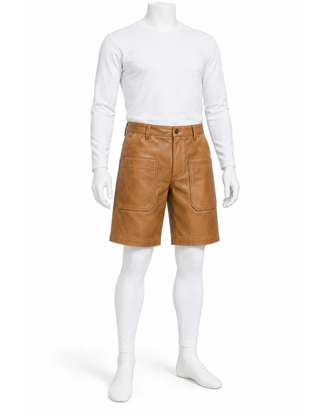 Tan leather shorts with large front patch pockets on a white mannequin
