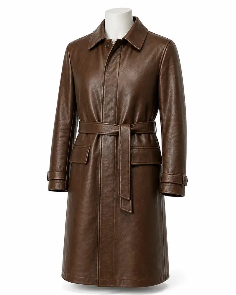 Brown Belted Longline Men Leather Coat