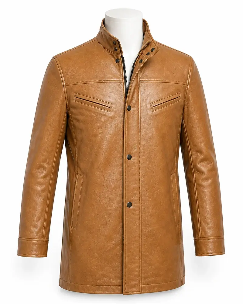 Tan Stand-Collar Men Leather Coat