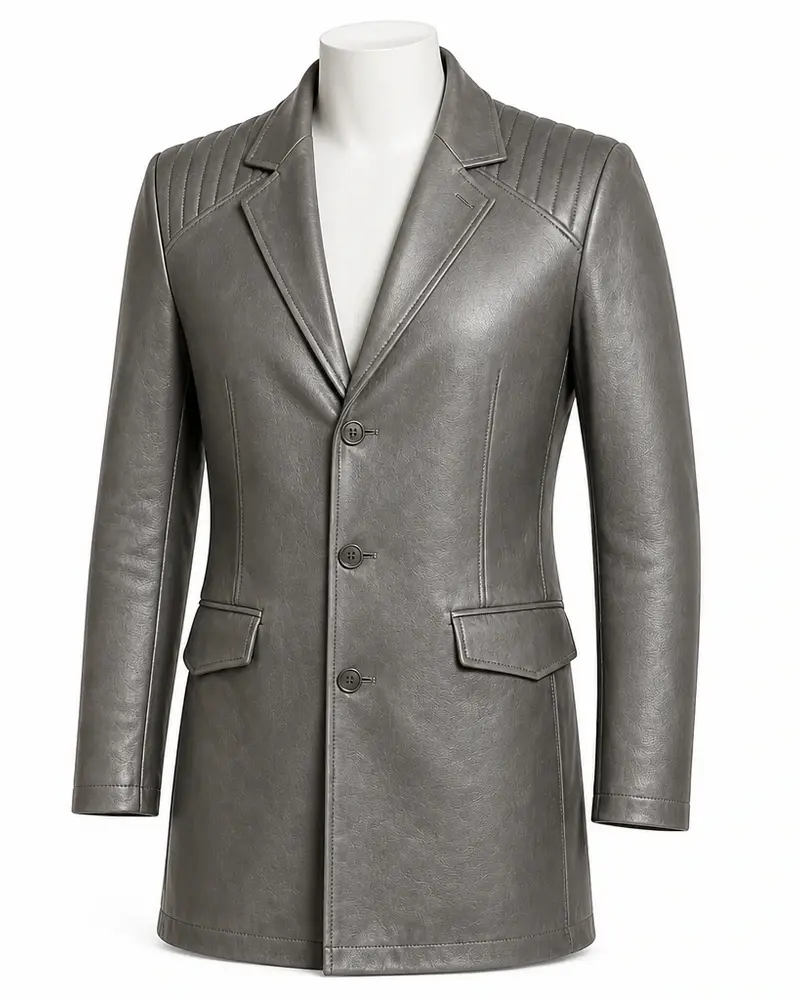 Grey Fitted Men Leather Coat