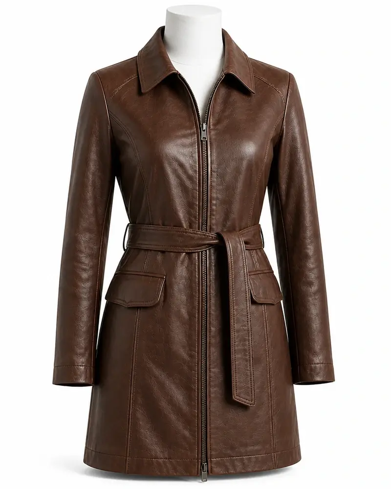 Brown Zip-Front Women Leather Coat