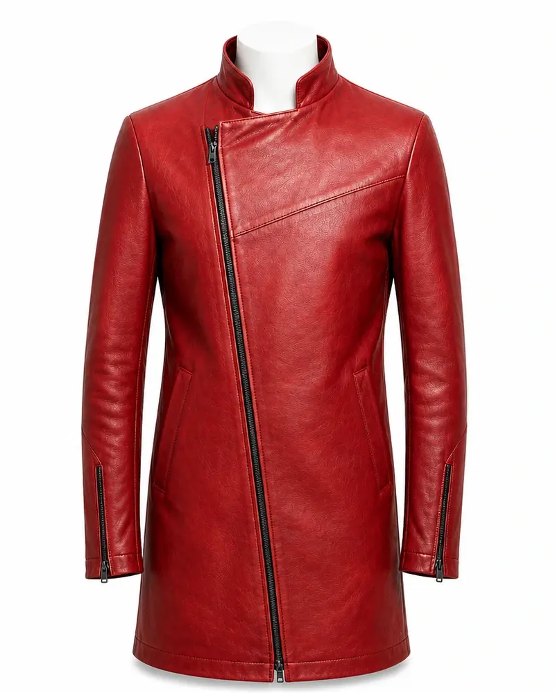 Red Stand-Collar Men Leather Coat