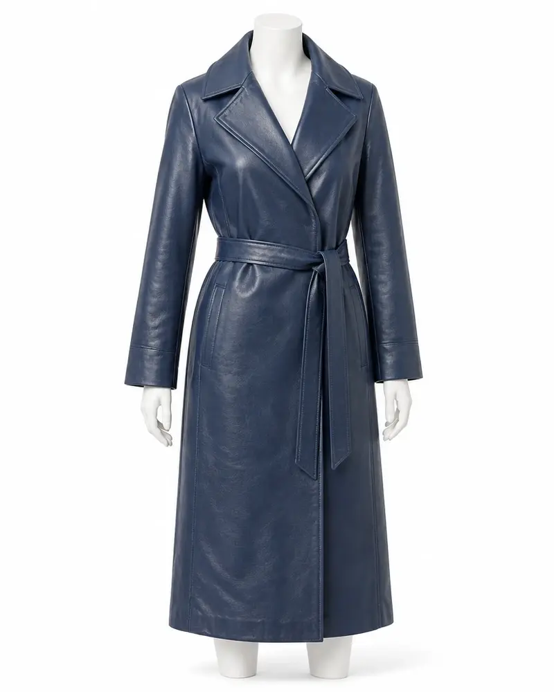 Blue Belted Longline Women Leather Coat