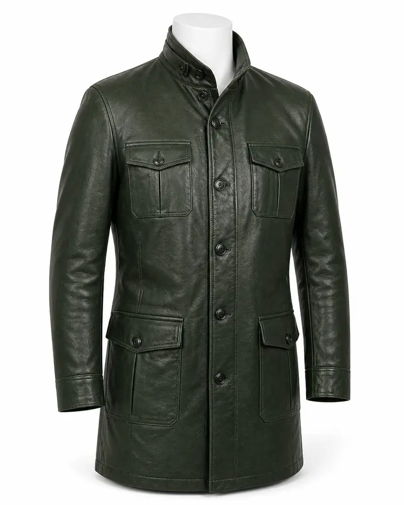 Green Stand-Collar Four-Pocket Men Leather Coat