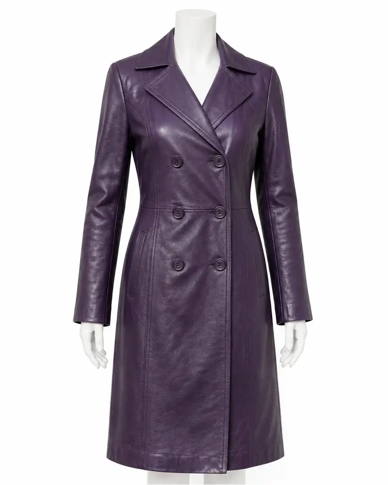 Purple Double-Breasted Women Leather Coat