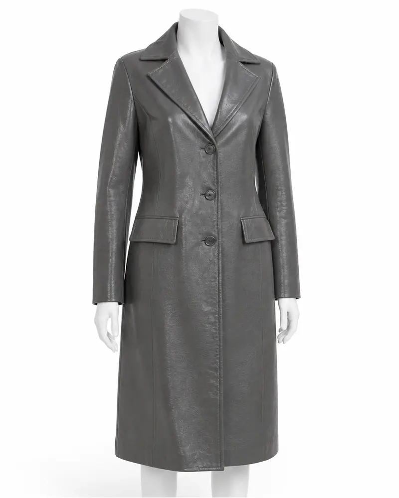 Grey Wide-Lapel Women Leather Coat