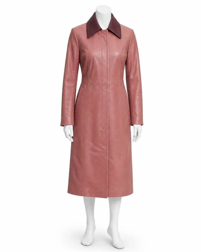 Pink Contrast-Collar Women Leather Coat