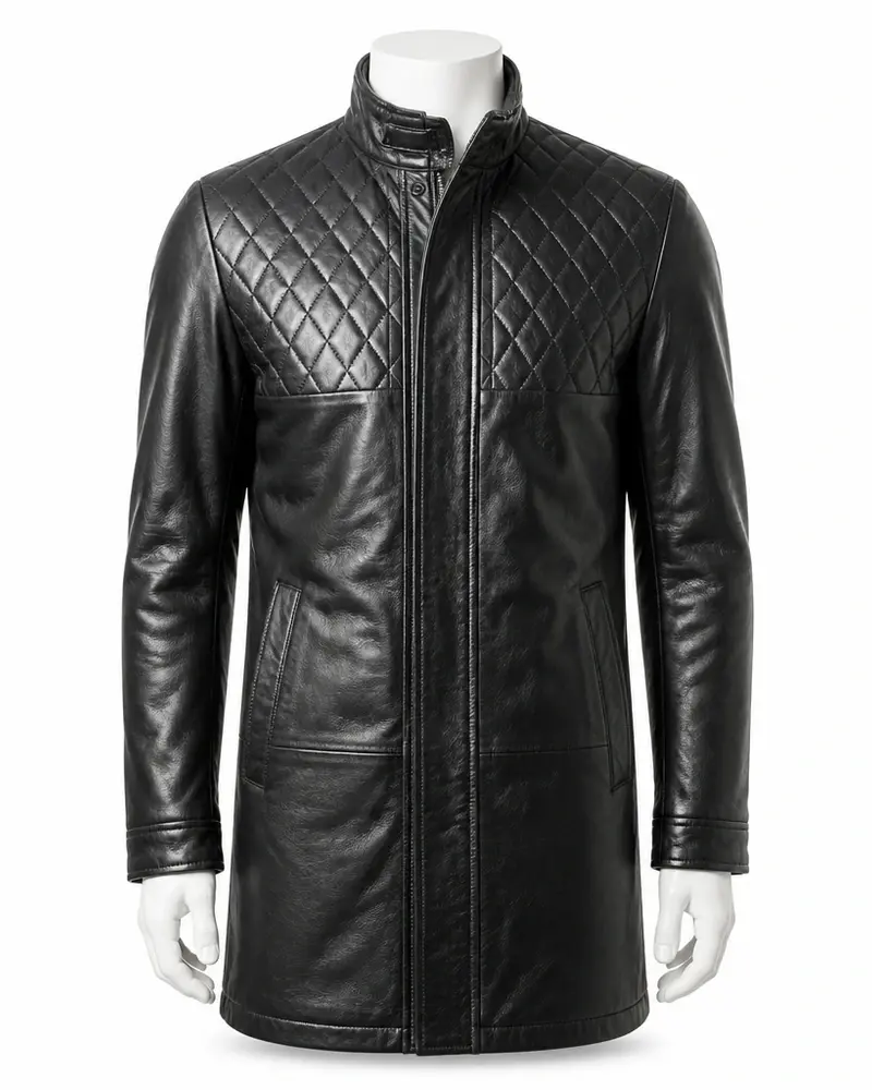 Black Quilted-Panel Men Leather Coat