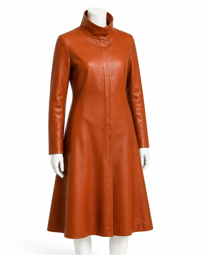 Orange Flared Women Leather Coat