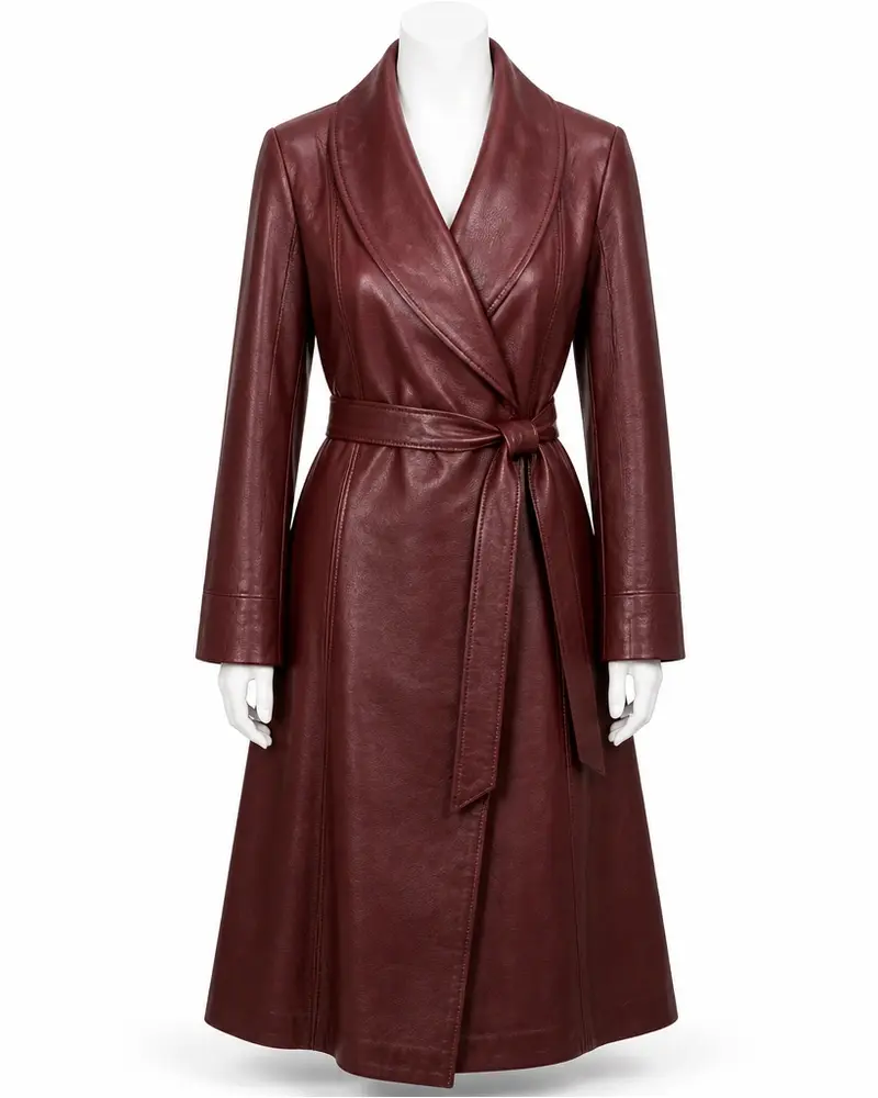 Burgundy Tie-Waist Women Leather Coat