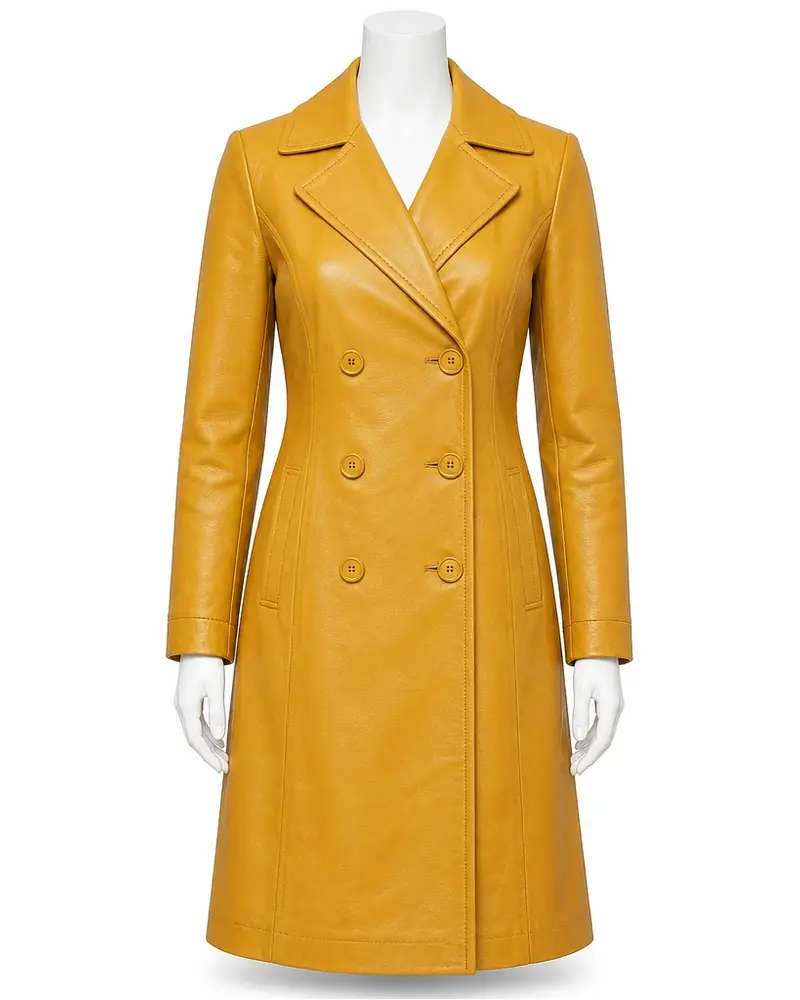 Yellow Double-Breasted Women Leather Coat