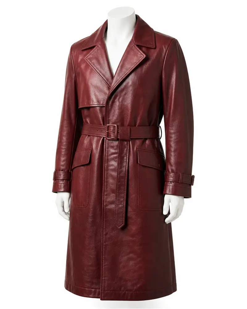 Red Belted Longline Men Leather Coat