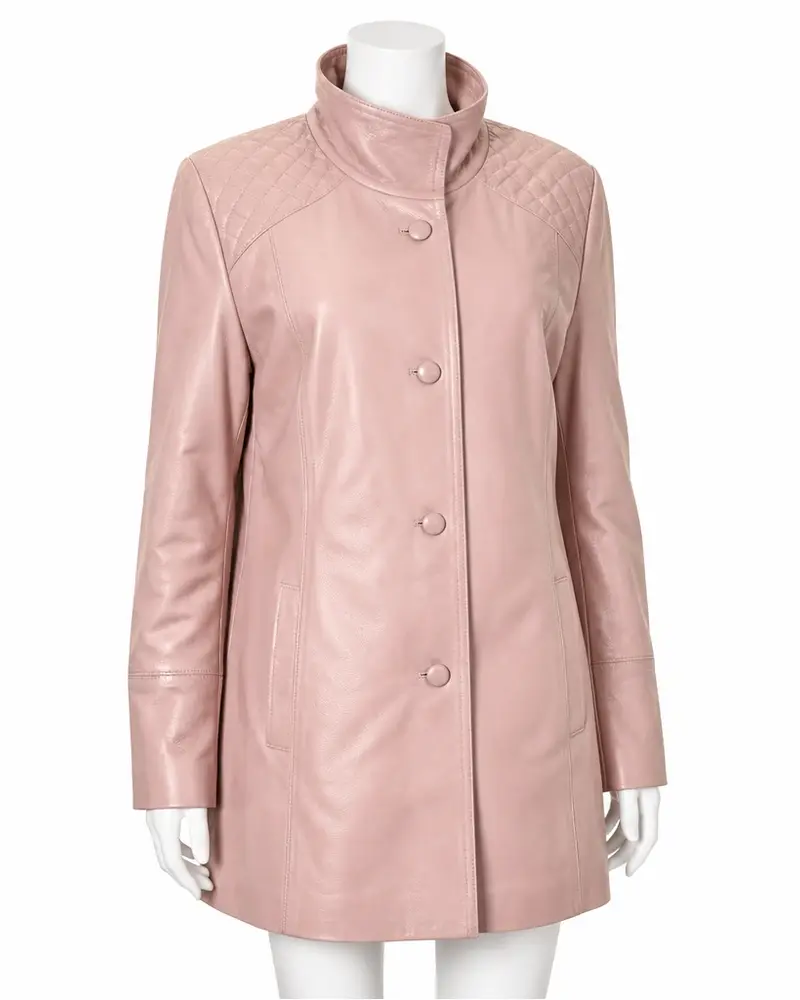 Pink Quilted-Shoulder Women Leather Coat