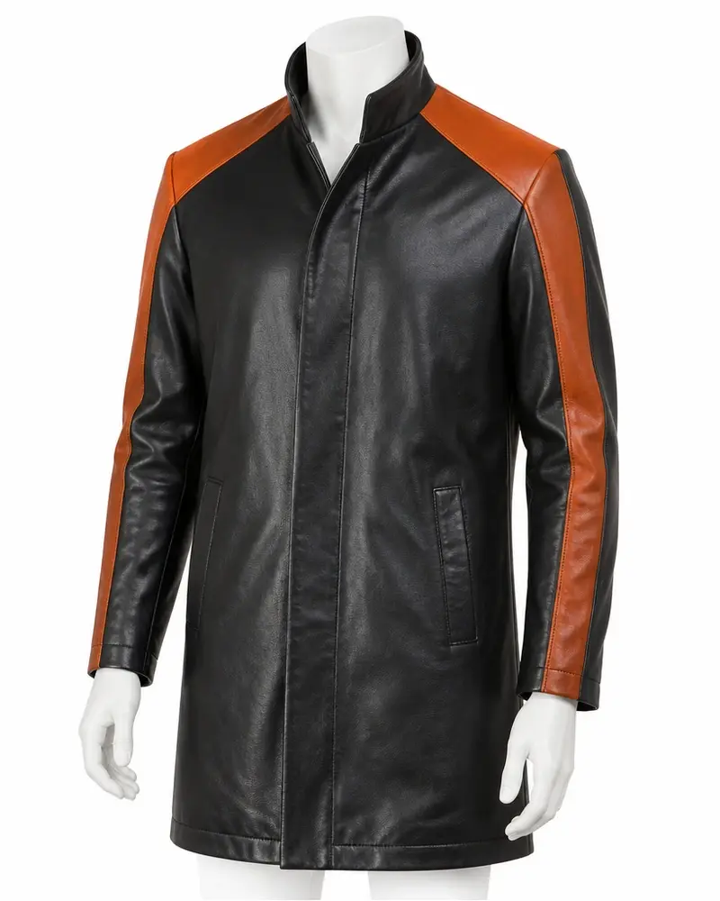 Black and Orange Contrast-Panel Men Leather Coat