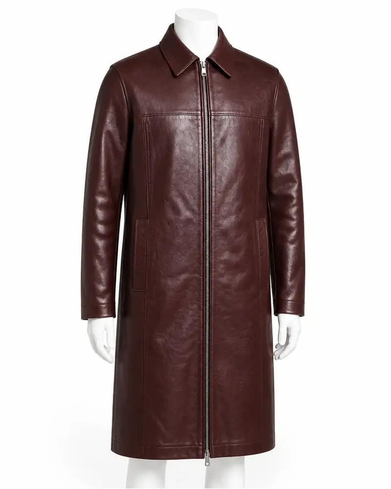 Burgundy Point-Collar Zip-Front Men Leather Coat