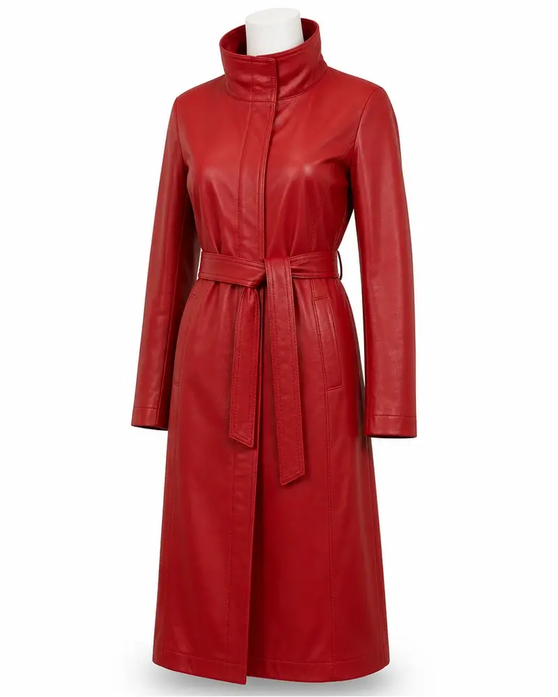 Red Belted Longline Women Leather Coat