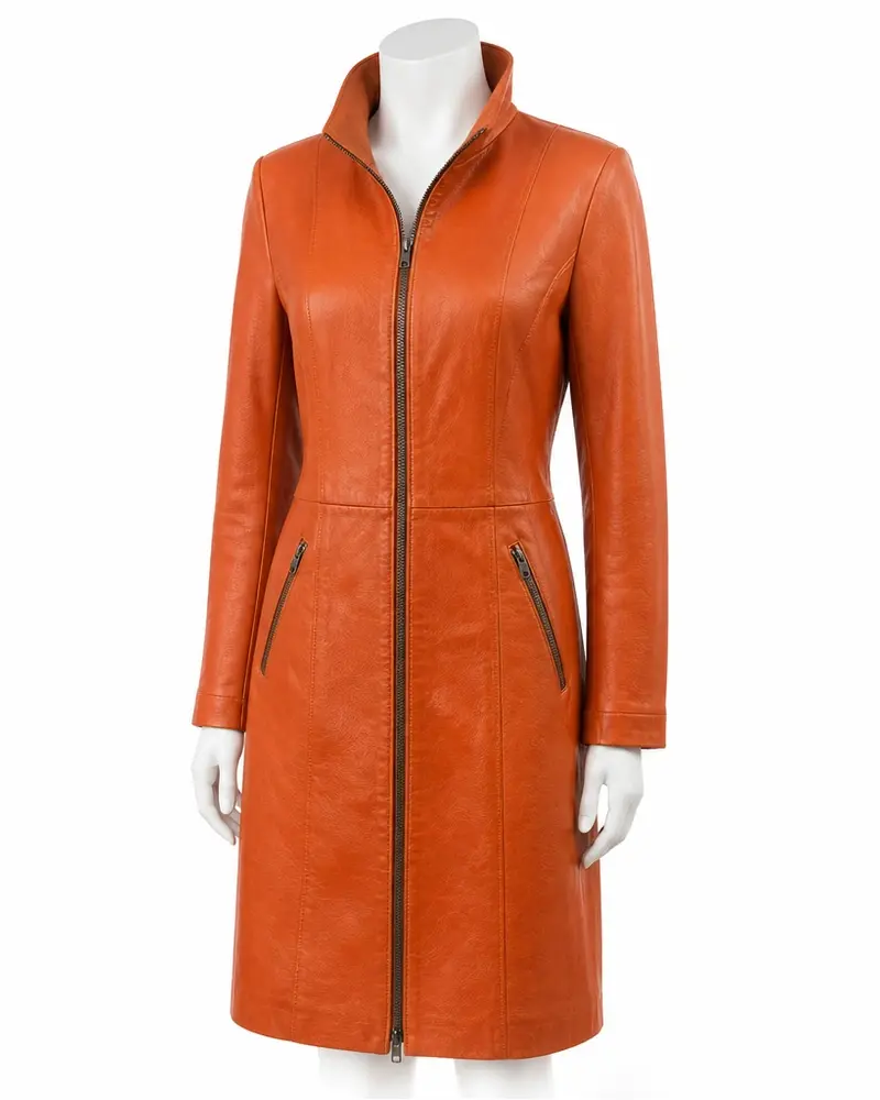 Orange Contrast-Zip Women Leather Coat