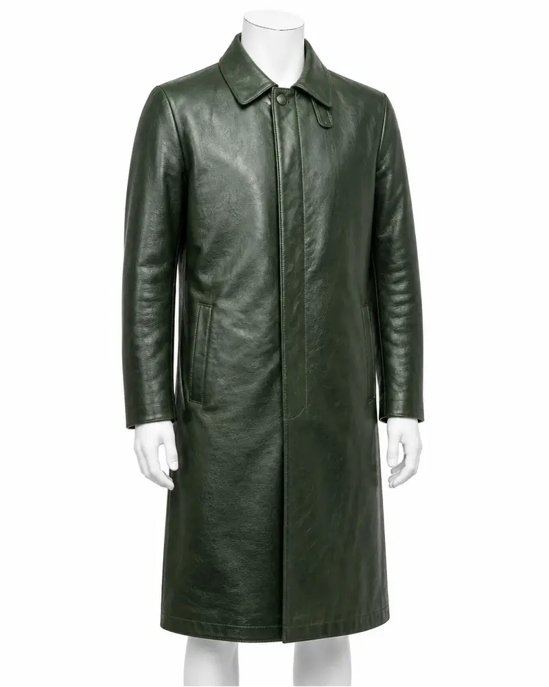 Green Tab-Fastening Men Leather Coat