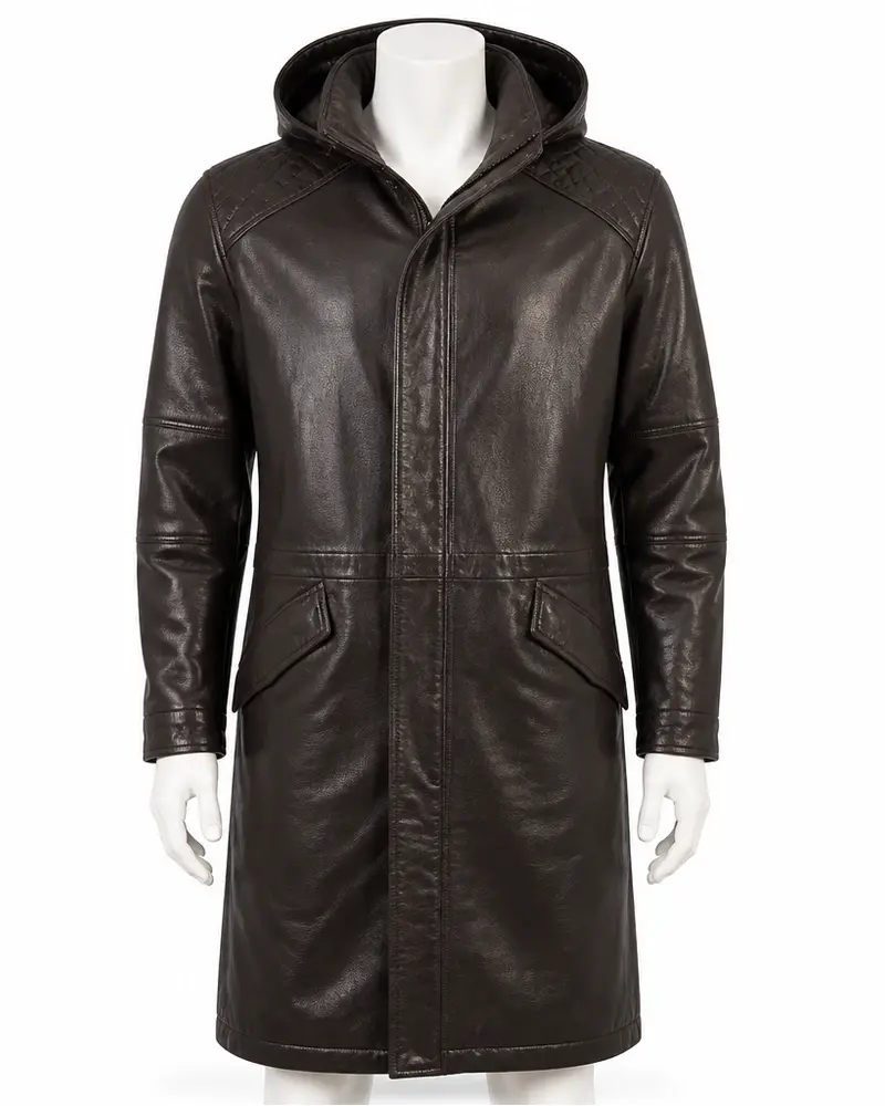 Dark Brown Hooded Quilted Men Leather Coat
