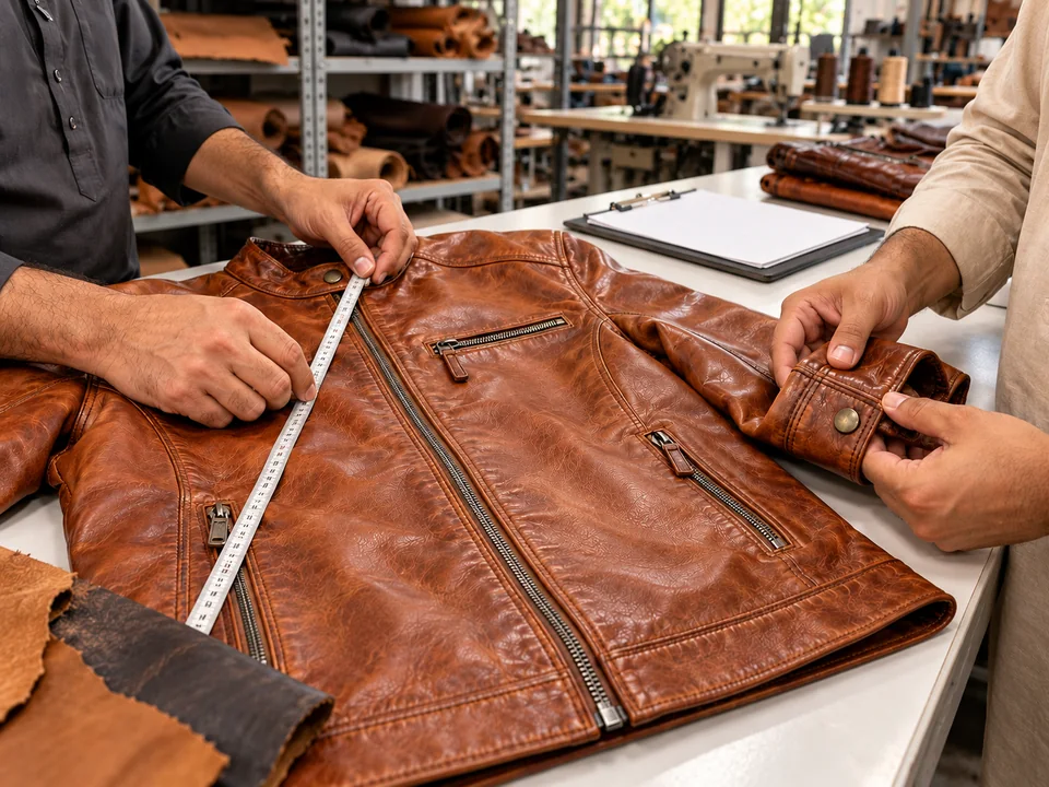 Illustration of workers inspecting the measurements, seams and finishing of a leather jacket.