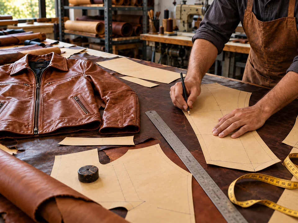 Illustration of a pattern maker developing a leather jacket pattern from kraft paper.